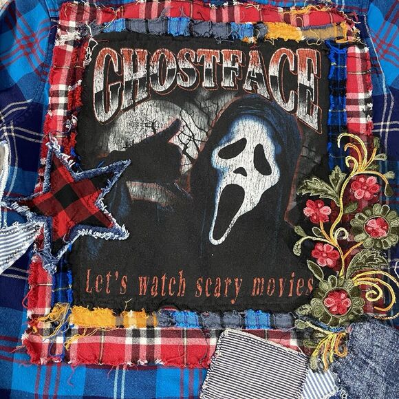 Upcycled Flannel Shirt Womens Large Shacket Ghostface Grunge Scary Movies Blue - Picture 6 of 16